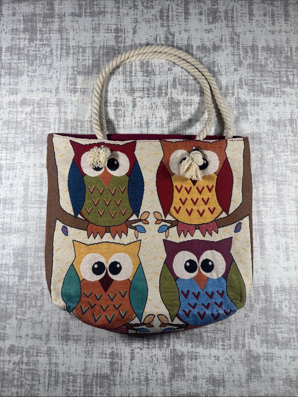 whimsical four owl canvas tapestry tote bag, rope handles Length 16, Height 12.5